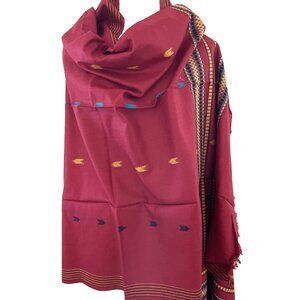 Sagar Wool Shawl Scarf 36X84" Burgundy Colorful Geometric Fringe Made in India